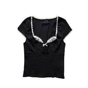 Silence + Noise Black Lace Trim Babydoll Y2K Coquette Top Small Indie sleaze
